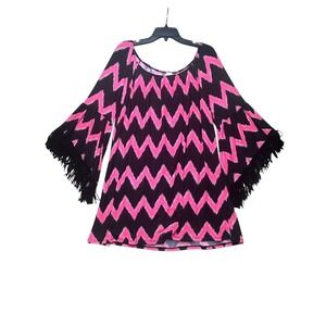 Now N Forever Pink Black Chevron Fringe Bell‎ Sleeve Tunic Mini Dress NWT